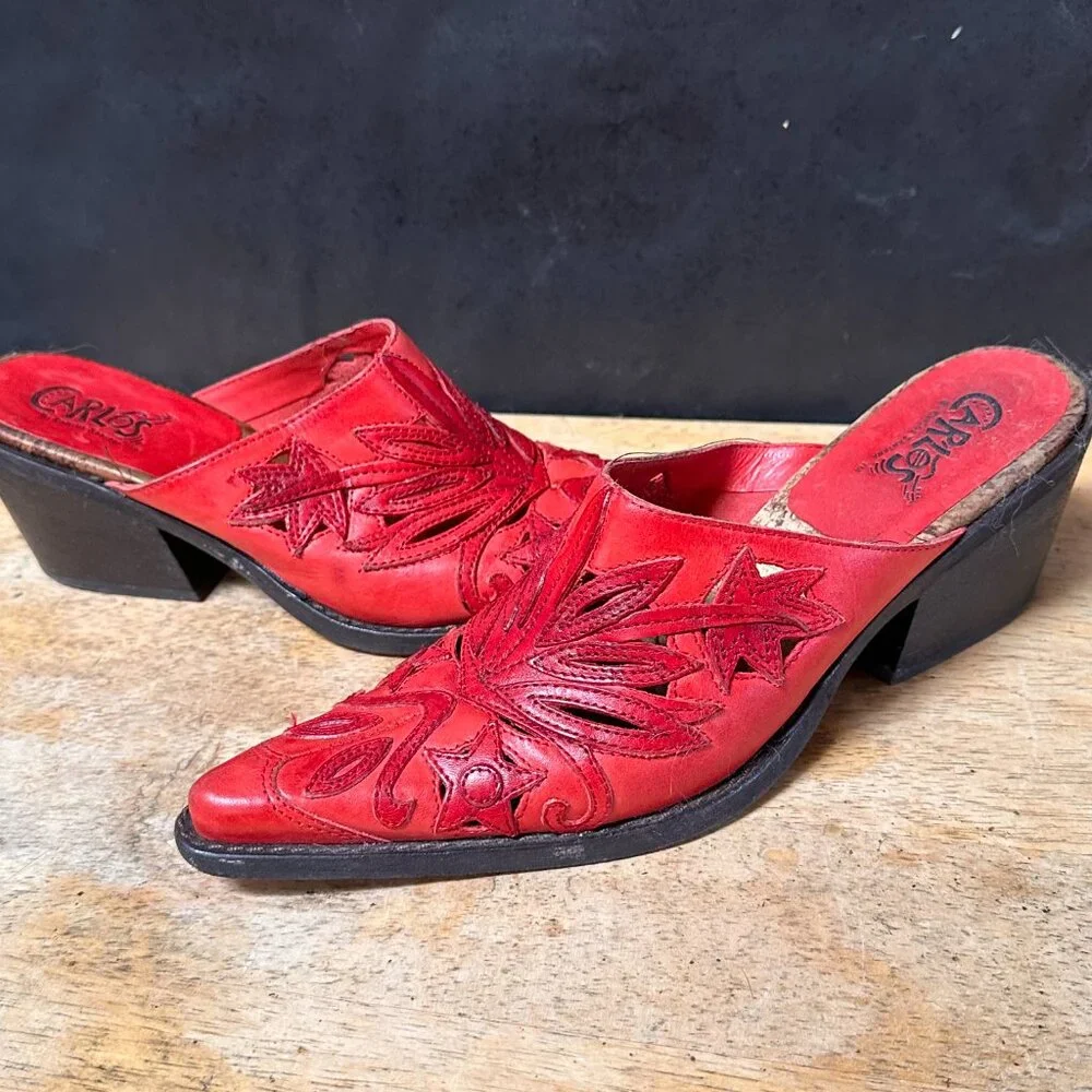 Carlos Red Cowboy Boots Size 6 Tanned Tooled Mule Clogs - Picture 6 of 9